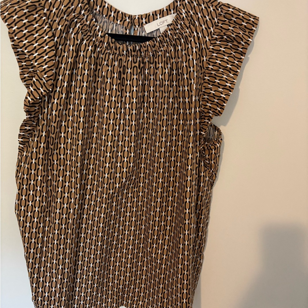 LOFT Brown Geometric Ruffle Sleeve Blouse